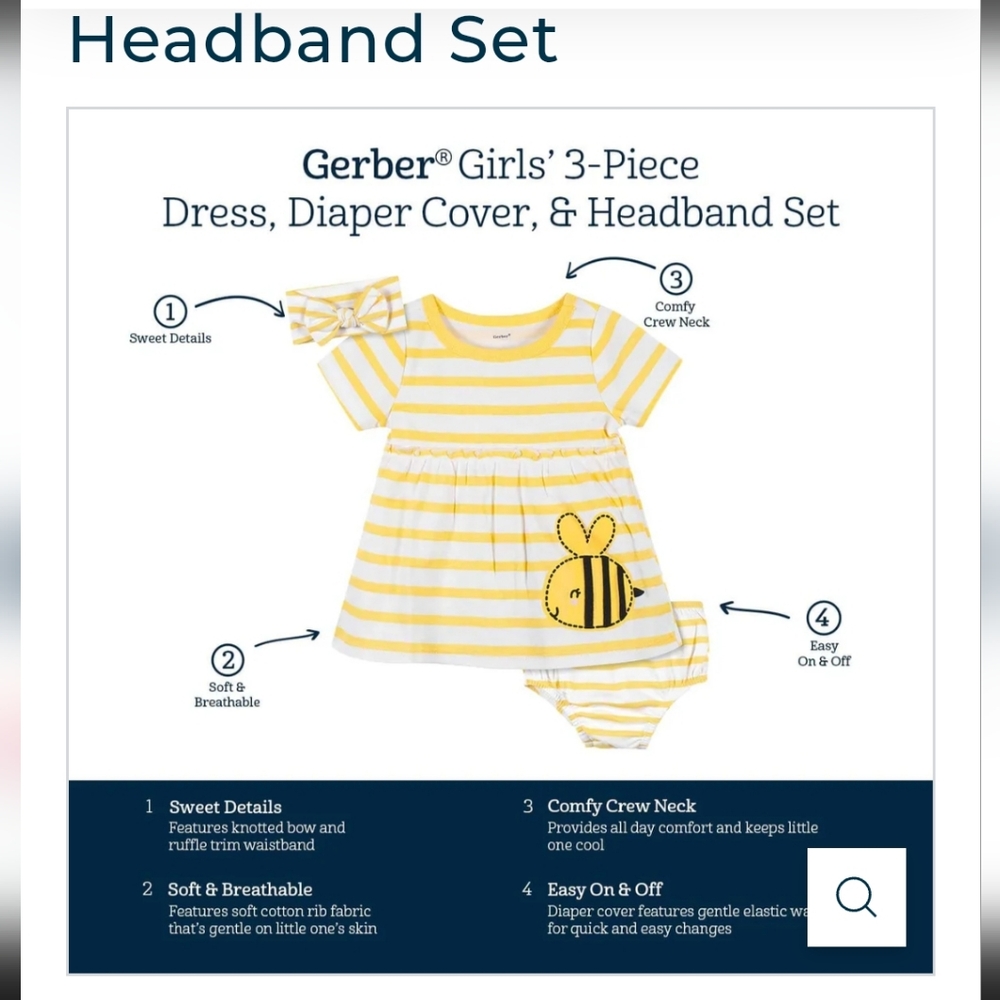 3-Piece Baby & Toddler Girls Bee Garden Dress, Diaper Cover & Headband Set 12 Mo - Picture 13 of 14